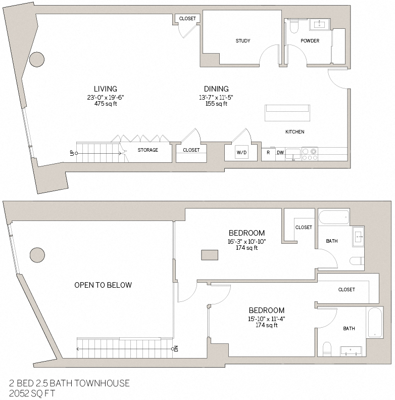 Floor plan for 2 beds, 2.5 baths, 2052 sqft